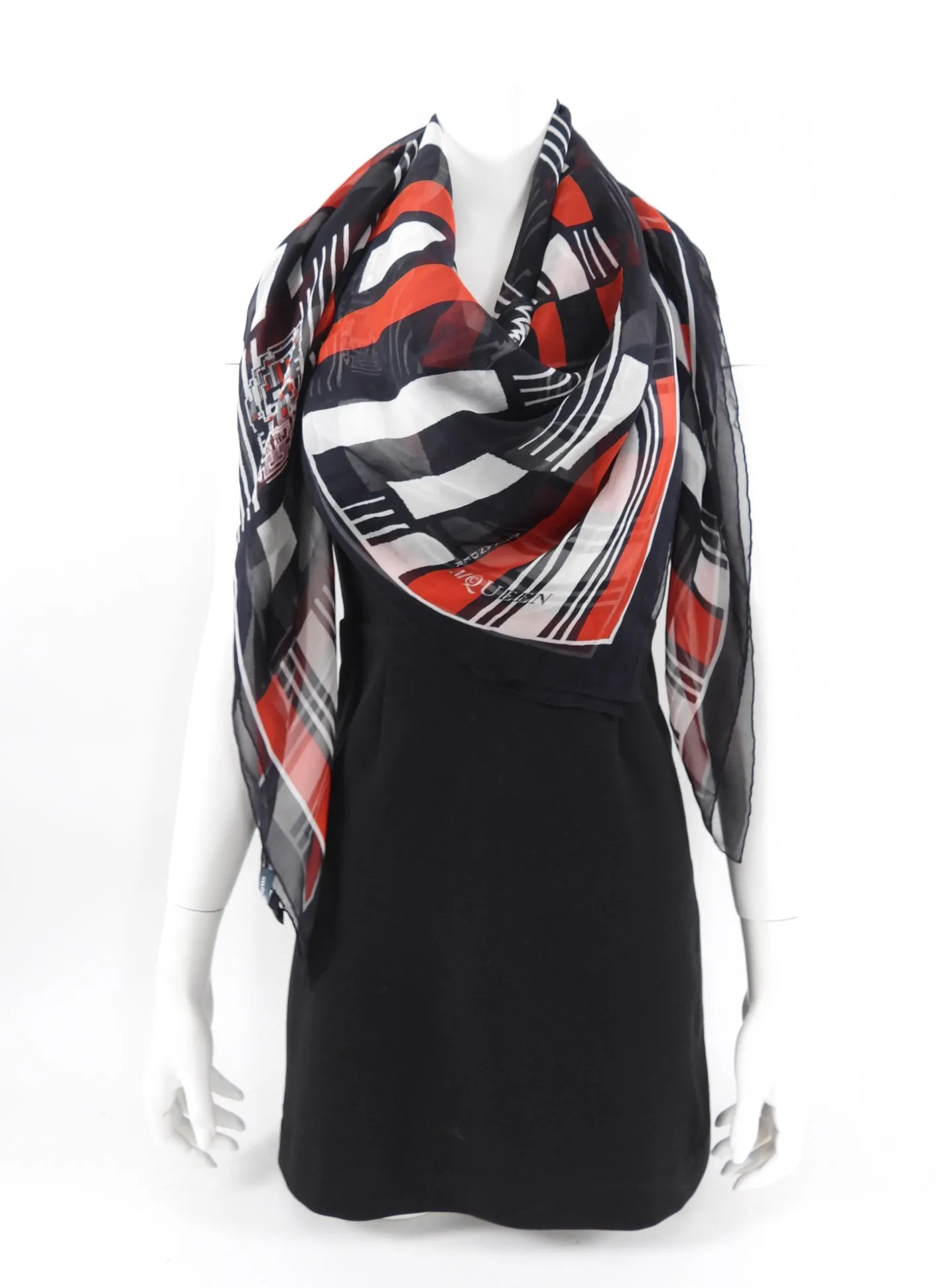 Alexander McQueen Black and Red Geometric Skull Chiffon Shawl Scarf