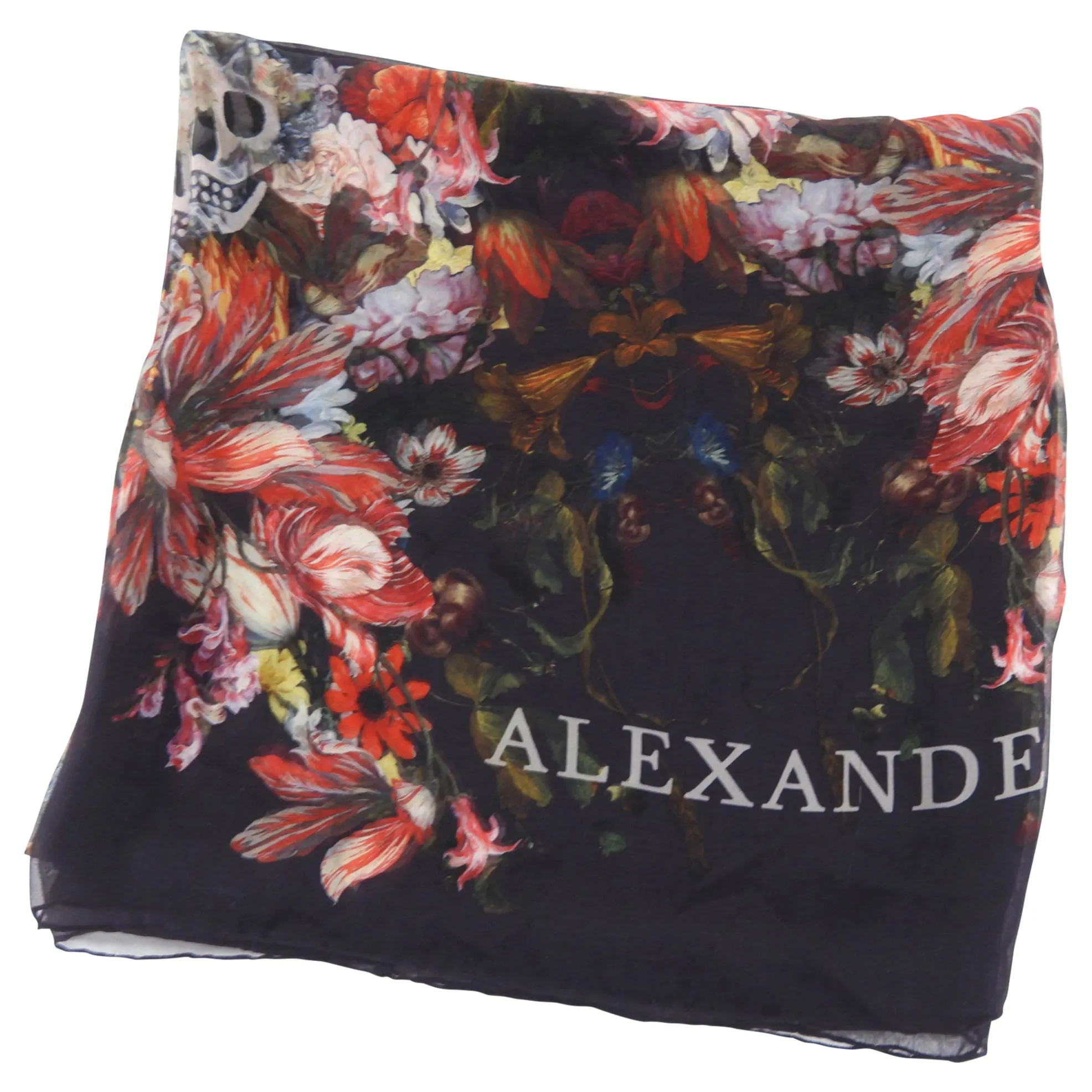 Alexander McQueen Red Skull Floral Tulip Silk Chiffon Shawl Scarf