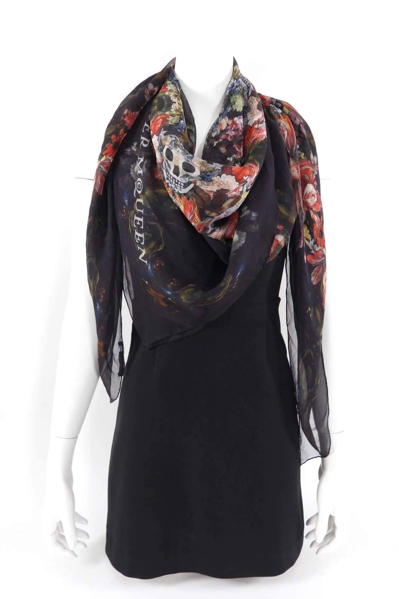 Alexander McQueen Red Skull Floral Tulip Silk Chiffon Shawl Scarf