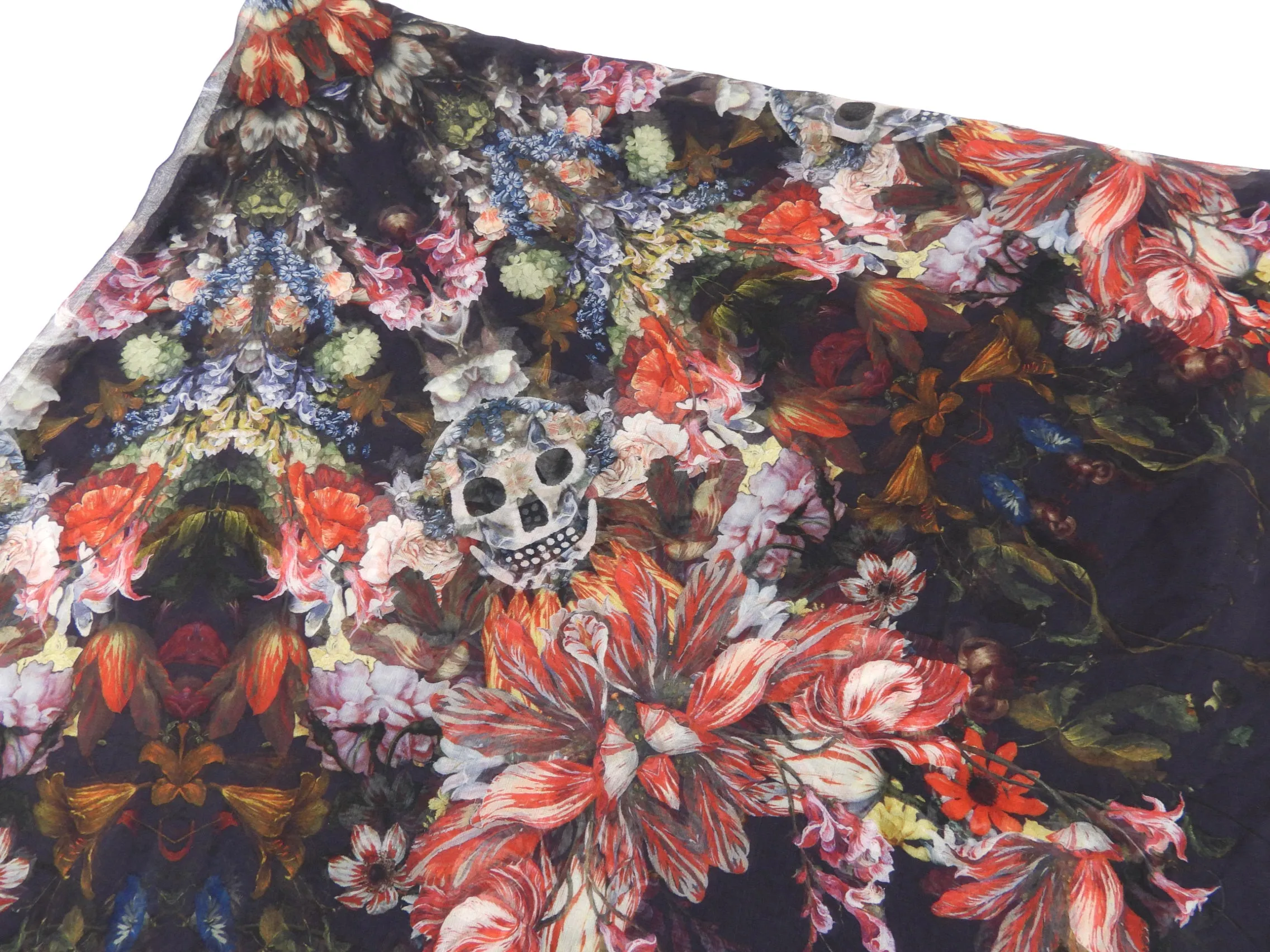 Alexander McQueen Red Skull Floral Tulip Silk Chiffon Shawl Scarf