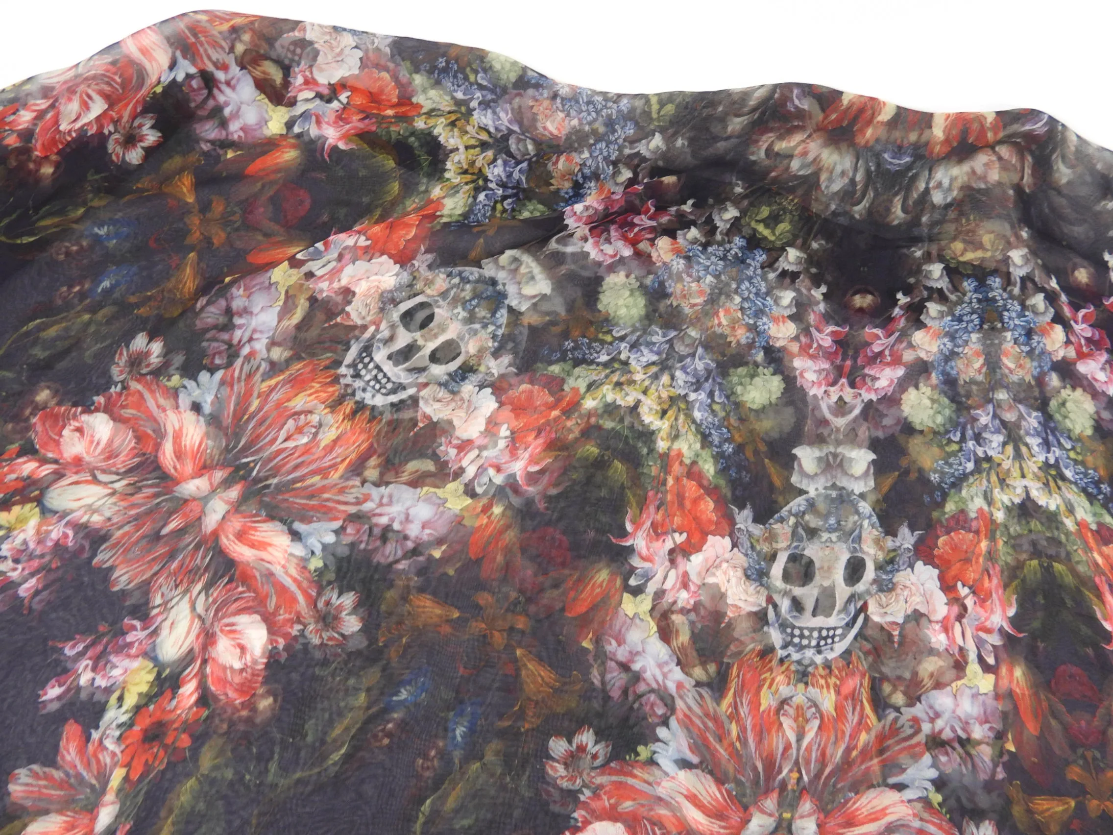 Alexander McQueen Red Skull Floral Tulip Silk Chiffon Shawl Scarf