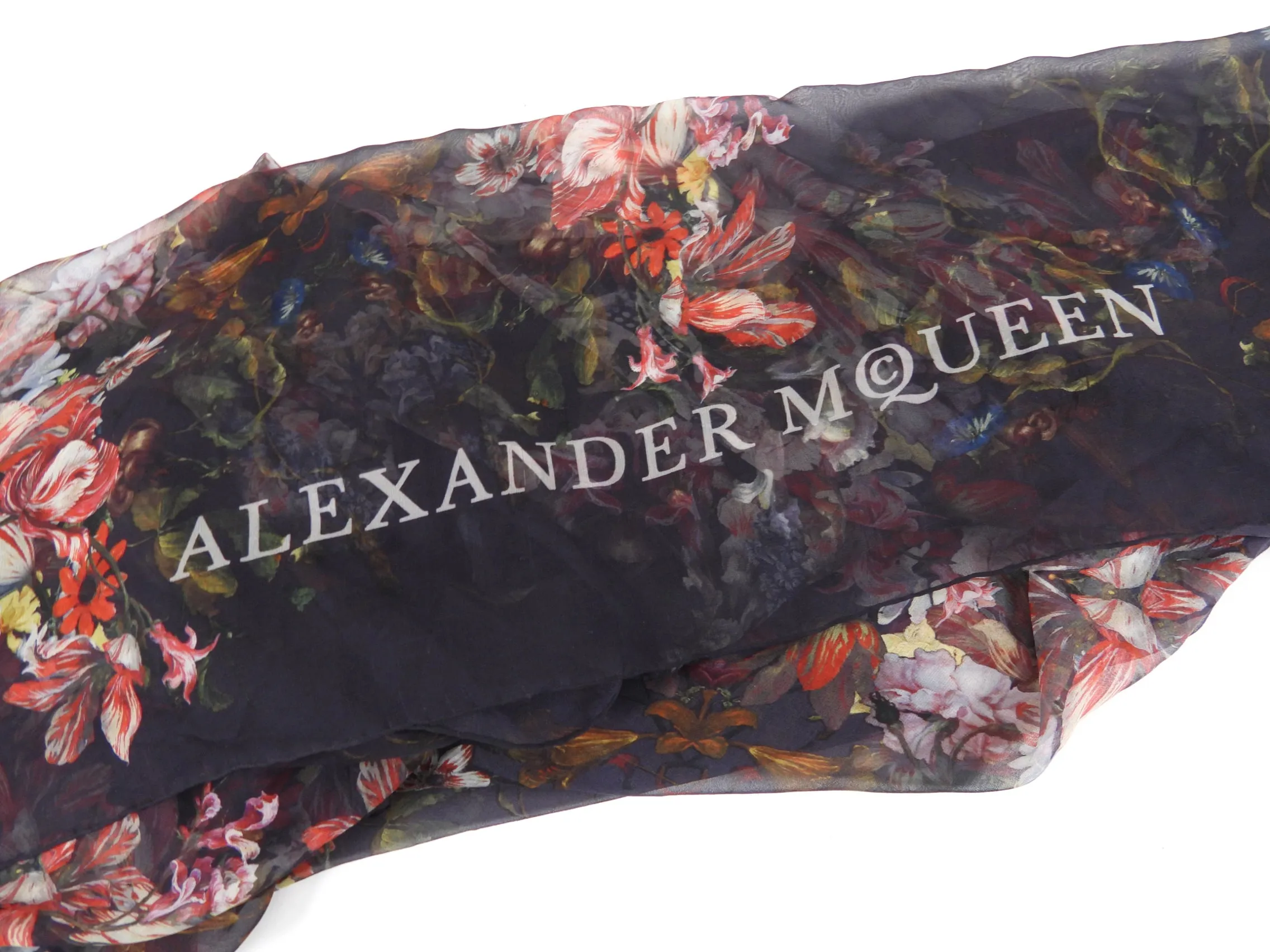 Alexander McQueen Red Skull Floral Tulip Silk Chiffon Shawl Scarf