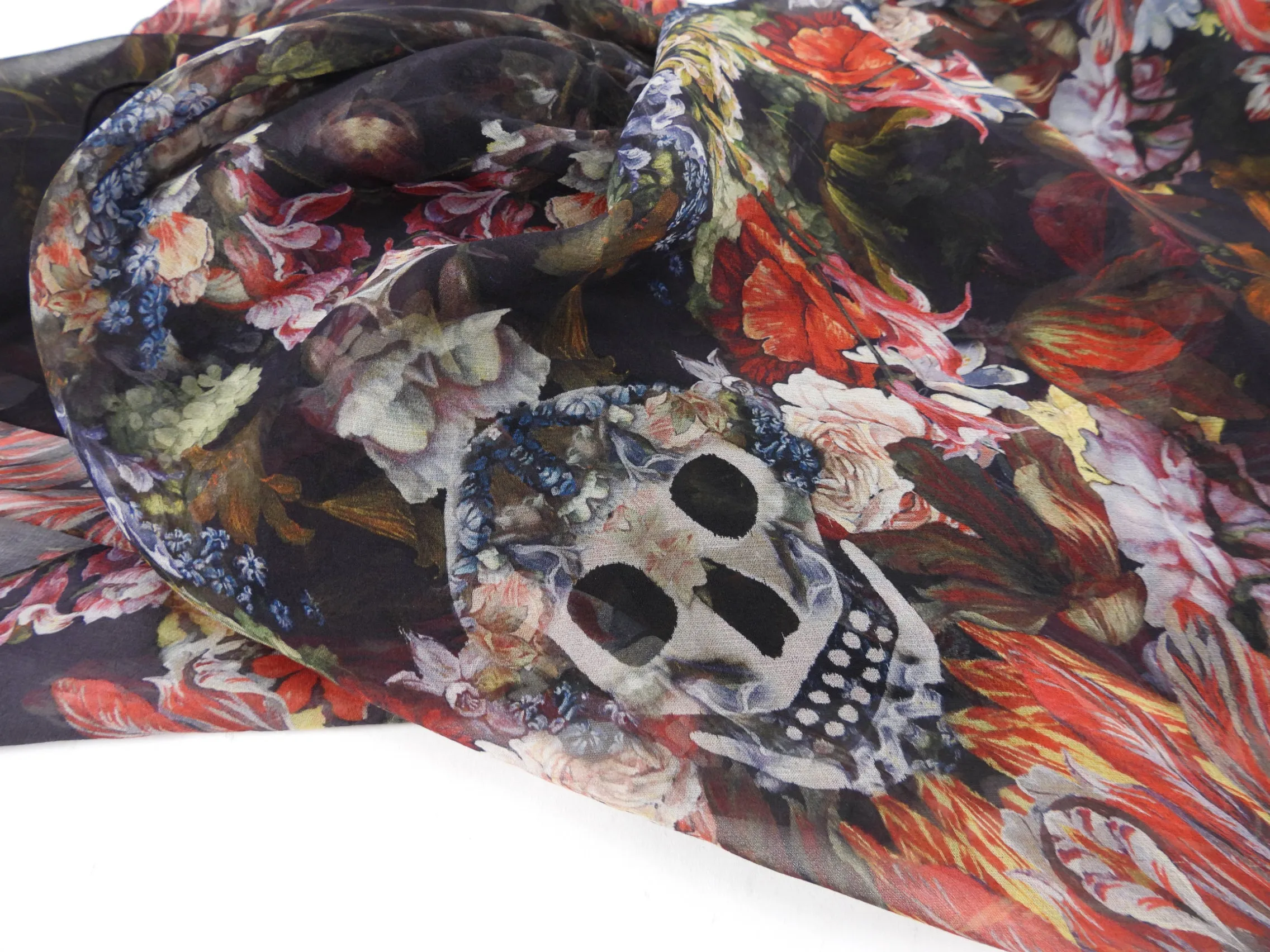 Alexander McQueen Red Skull Floral Tulip Silk Chiffon Shawl Scarf