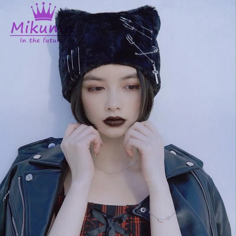 Black Plush Beret - Punk Gothic Style with Cross Pin and Cat Ears