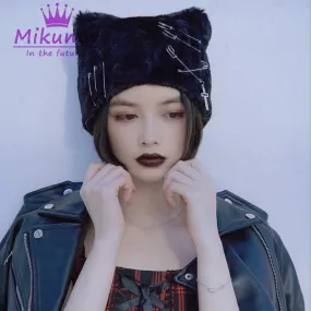 Black Plush Beret - Punk Gothic Style with Cross Pin and Cat Ears