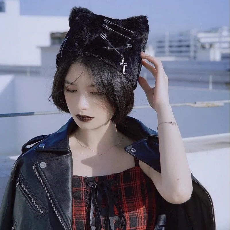 Black Plush Beret - Punk Gothic Style with Cross Pin and Cat Ears