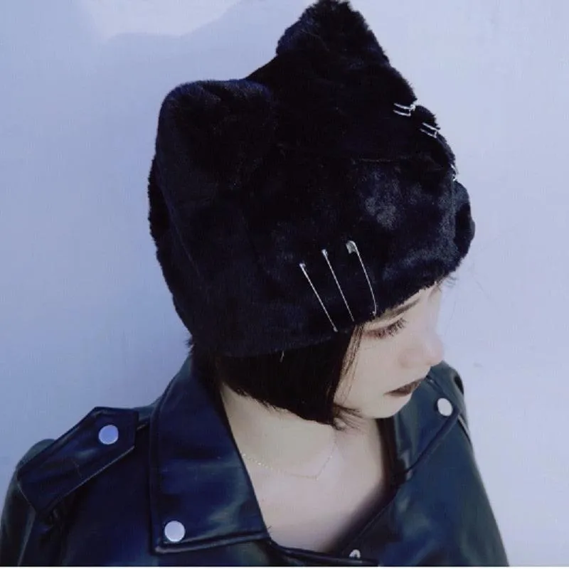 Black Plush Beret - Punk Gothic Style with Cross Pin and Cat Ears