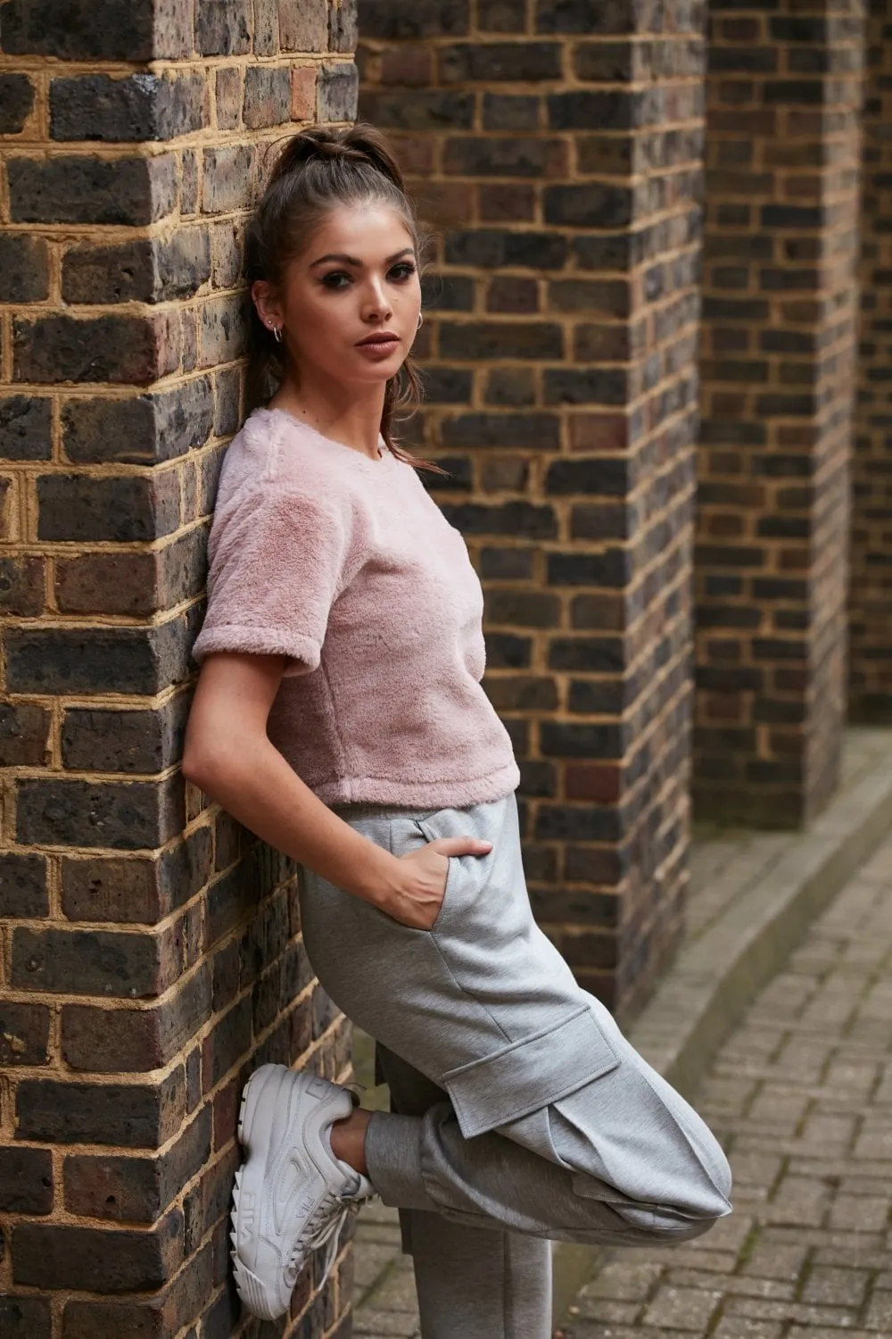 Double Second Pink Off Shoudler Cropped Fur T-shirt