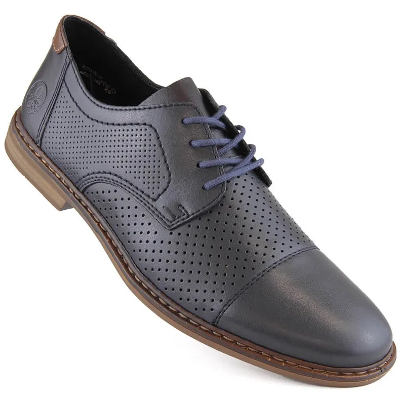 Leather comfortable men's elegant openwork shoes, navy blue Rieker 13431-14