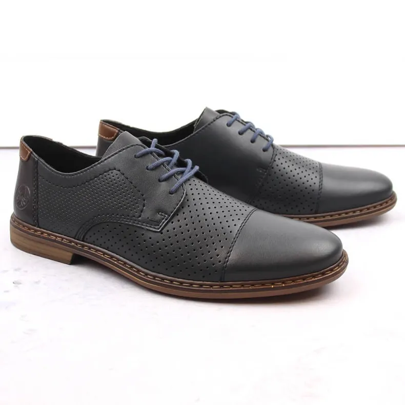 Leather comfortable men's elegant openwork shoes, navy blue Rieker 13431-14