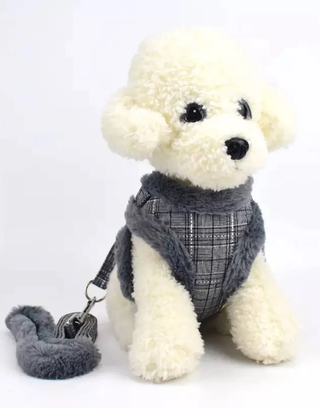 Plaid Faux Fur Dog Harness And Leash