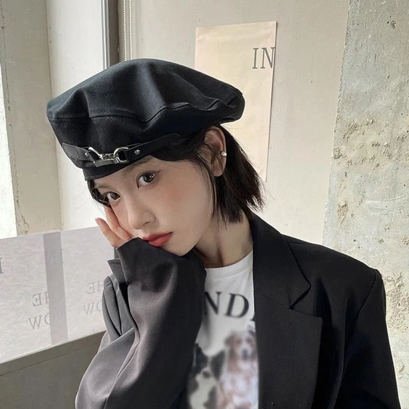 PU Belt and Metal Ring Chain Bucket Hat - Punk Gothic Style Beret