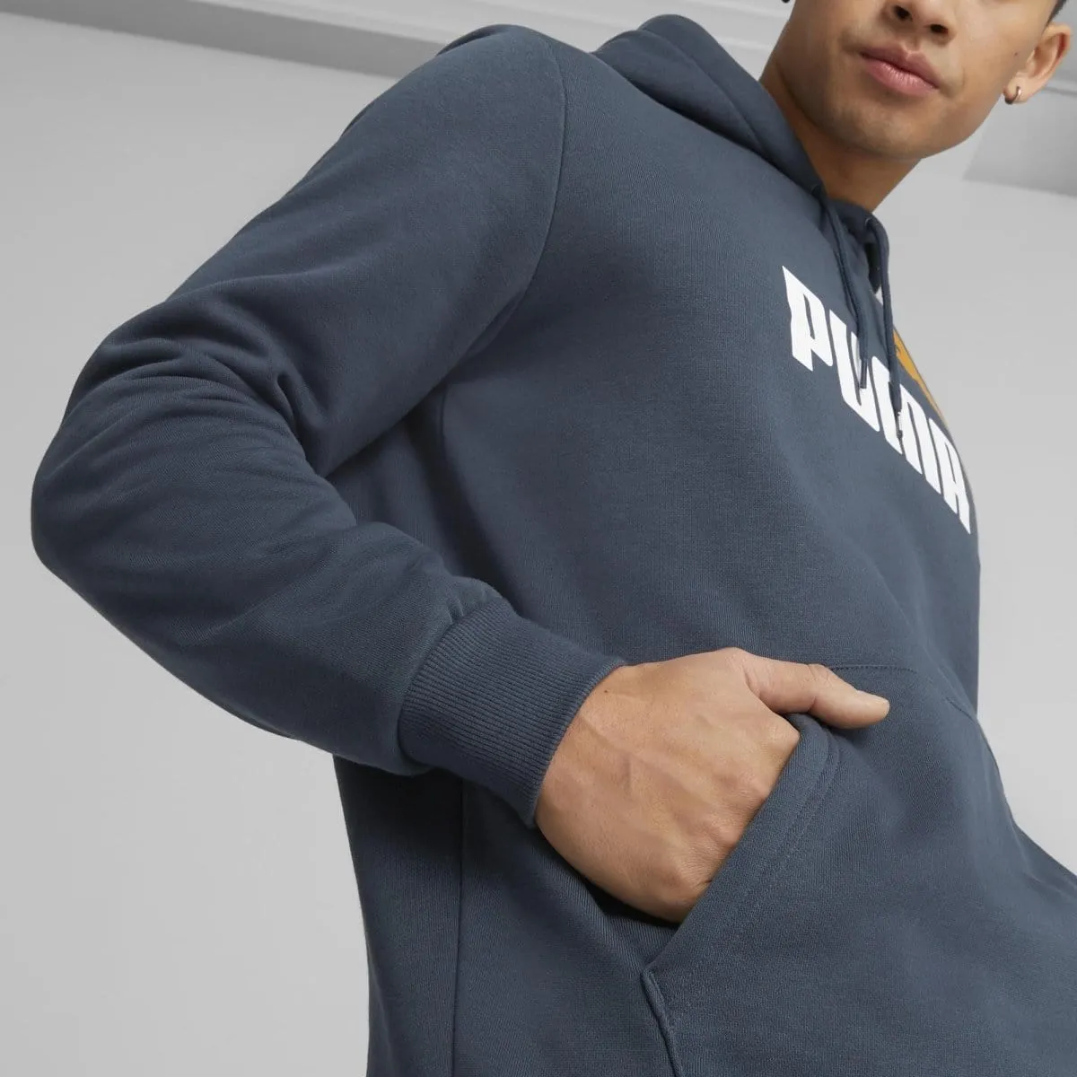 PUMA MEN'S ESSENTIALS+ TWO-TONE BIG LOGO BLUE HOODIE