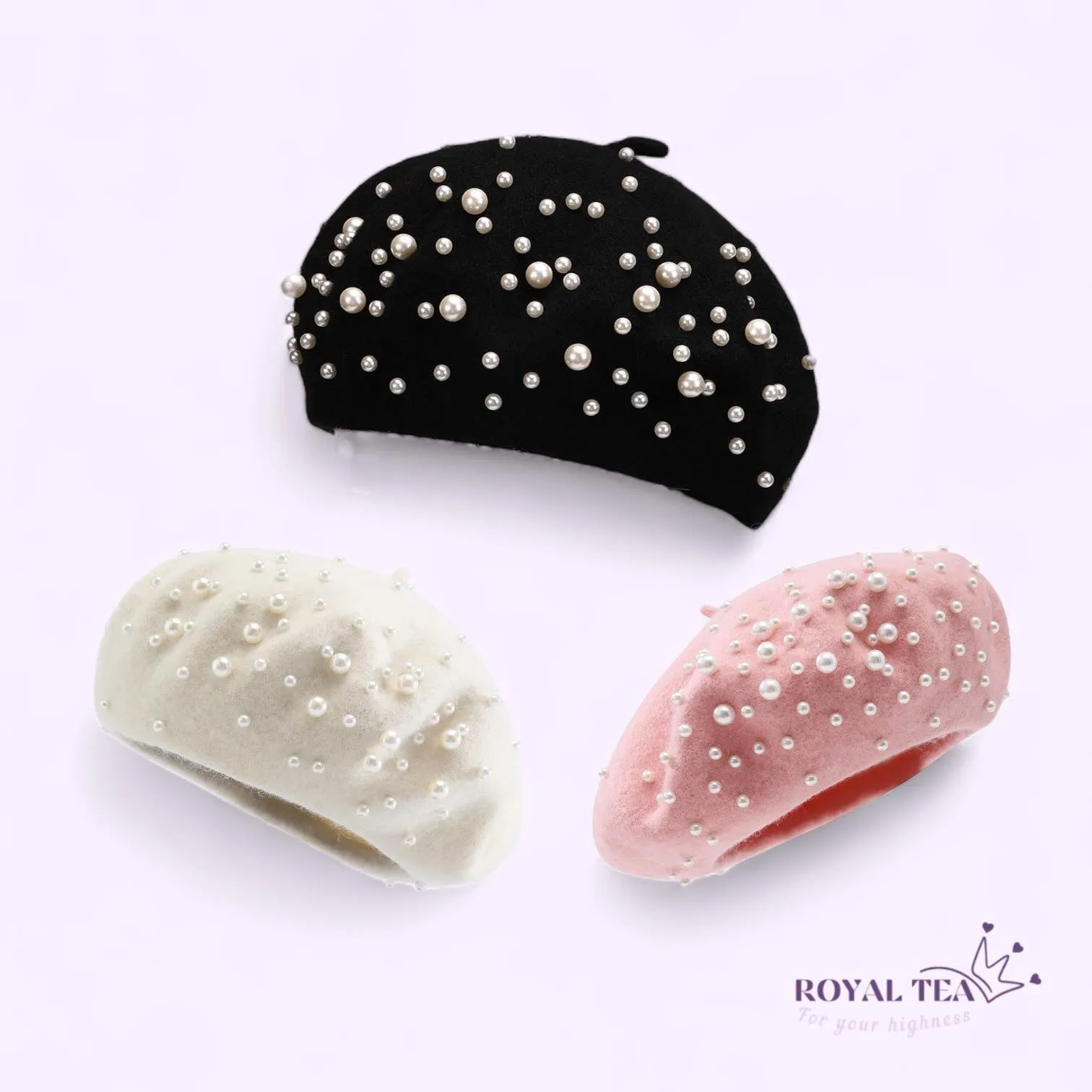 ROYALTEA STRT Bespoke Pearl Glam Fleece Beret Cap