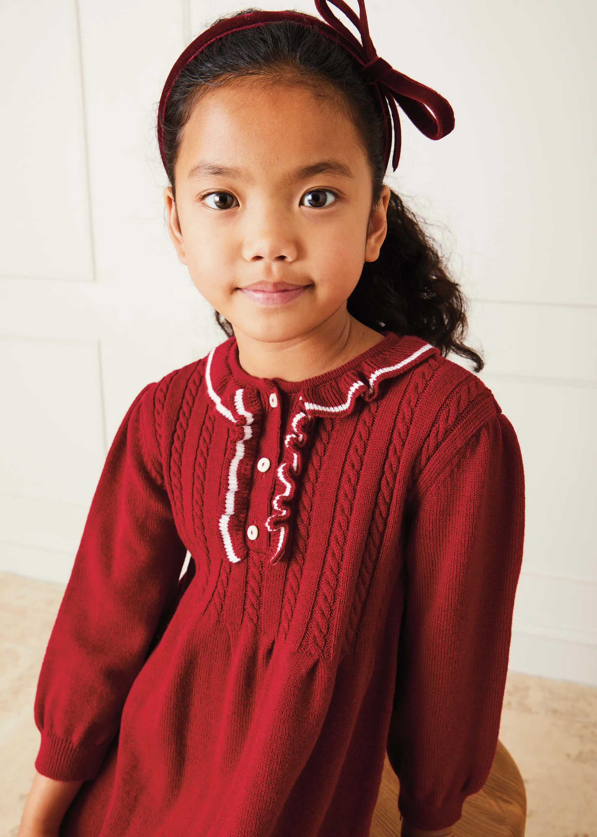 Ruffle Collar Long Sleeve Knitted Dress In Red (4-10yrs)