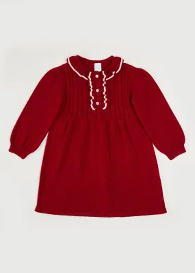 Ruffle Collar Long Sleeve Knitted Dress In Red (4-10yrs)