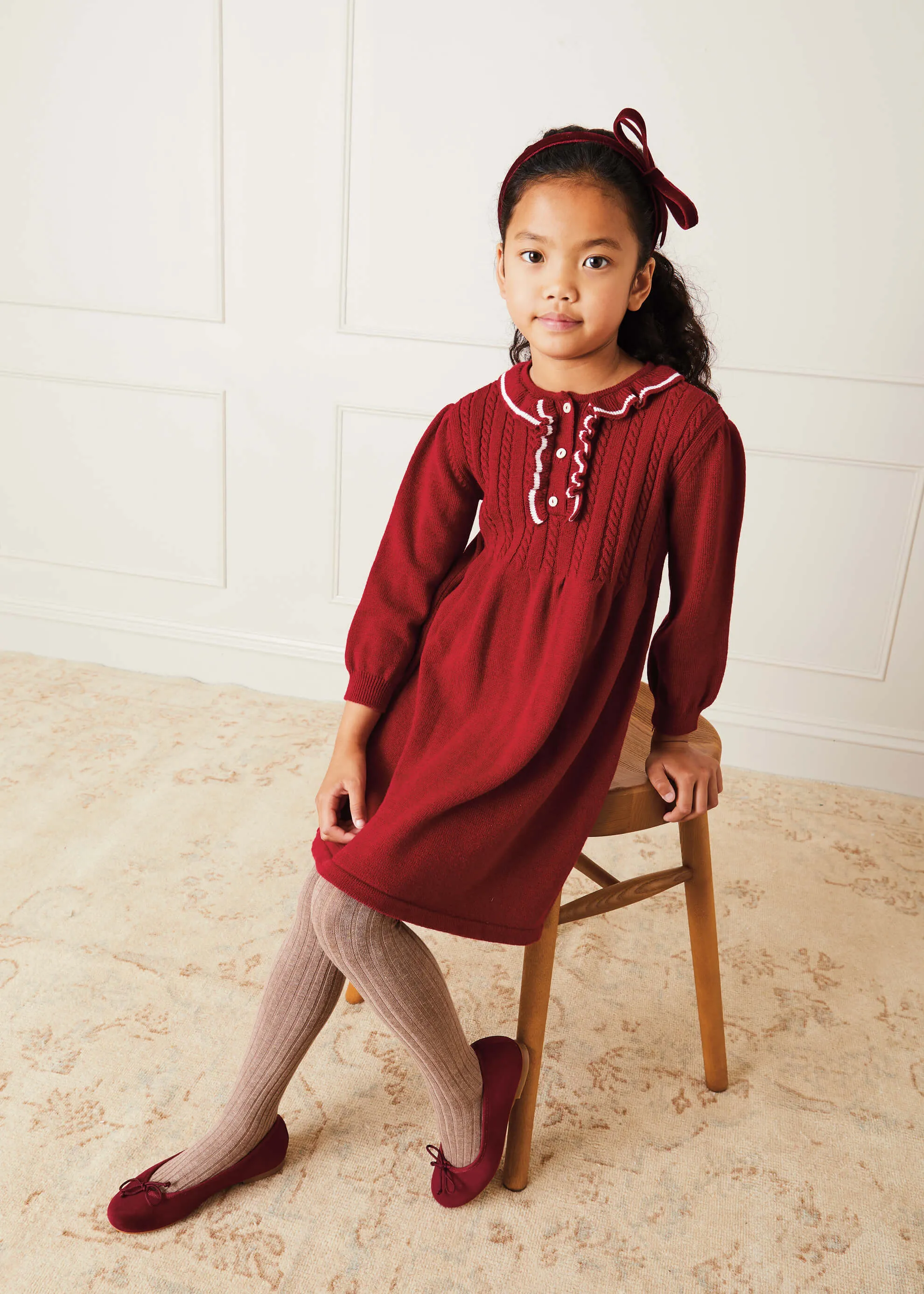 Ruffle Collar Long Sleeve Knitted Dress In Red (4-10yrs)