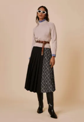 Sfizio Pleated Checkered Wrap Skirt in Gray Madras Wool