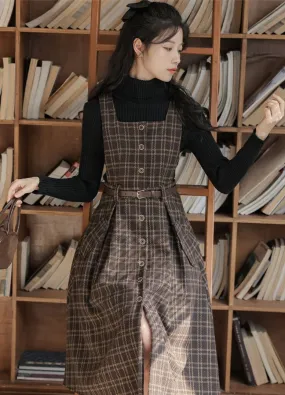 Sorrell Dark Academia Plaid Wool Pinafore Dress