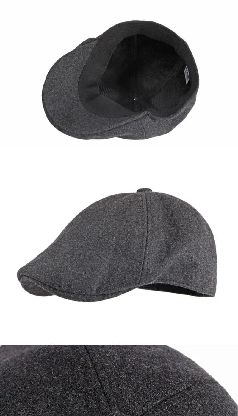 Unisex Autumn Winter Wool Octagonal Beret Hat in Solid Black Grey