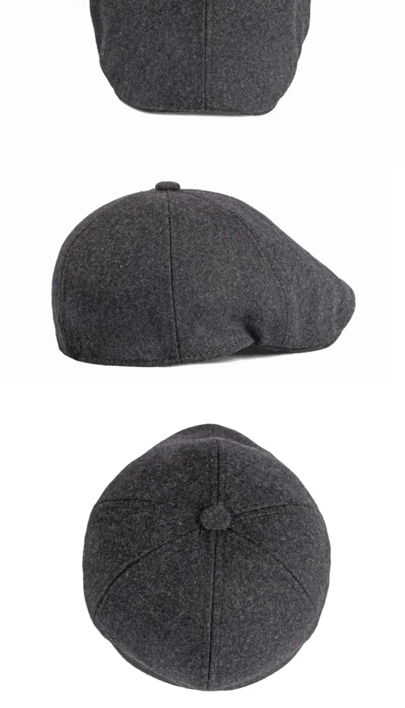 Unisex Autumn Winter Wool Octagonal Beret Hat in Solid Black Grey