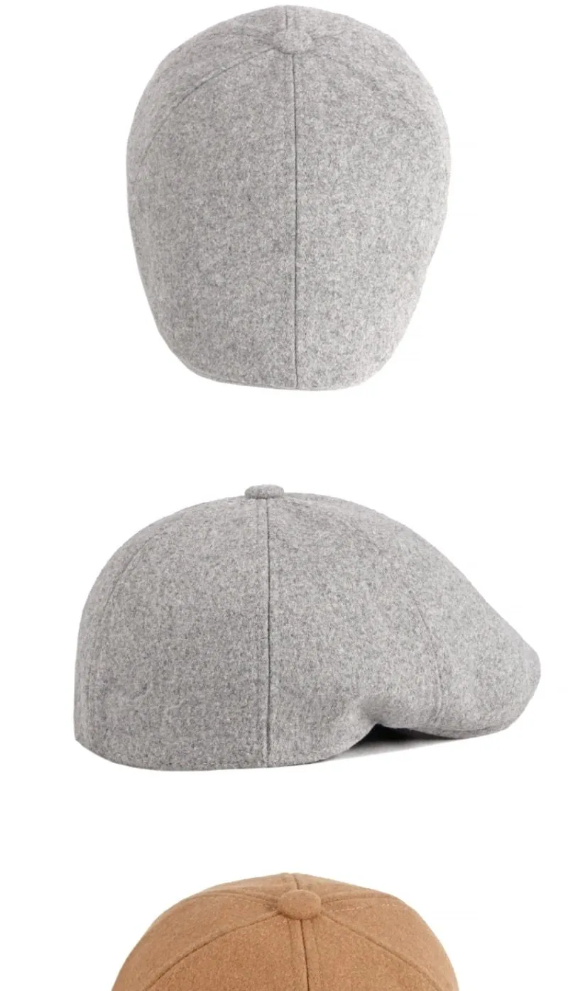 Unisex Autumn Winter Wool Octagonal Beret Hat in Solid Black Grey