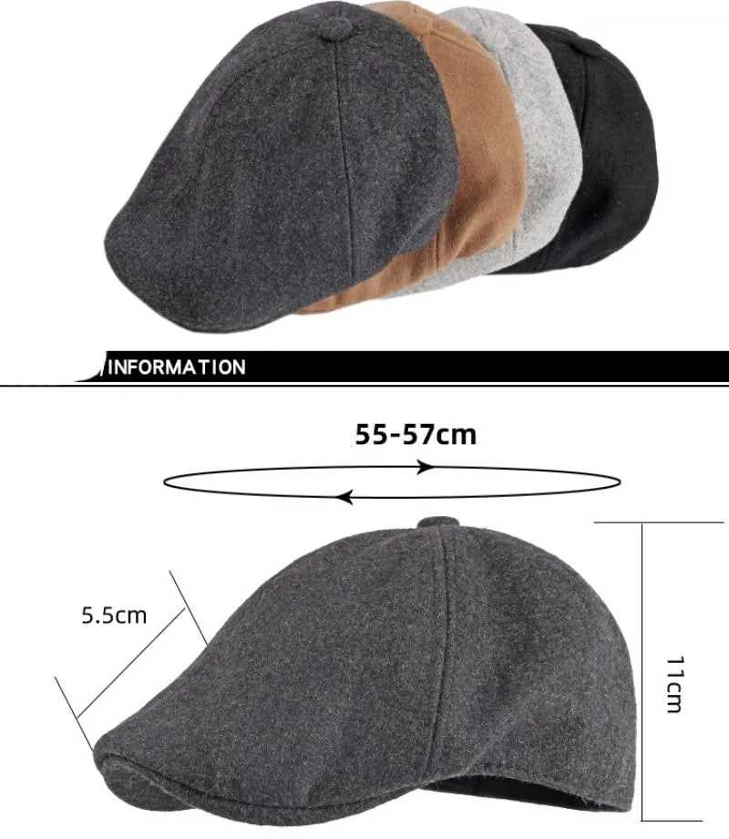 Unisex Autumn Winter Wool Octagonal Beret Hat in Solid Black Grey