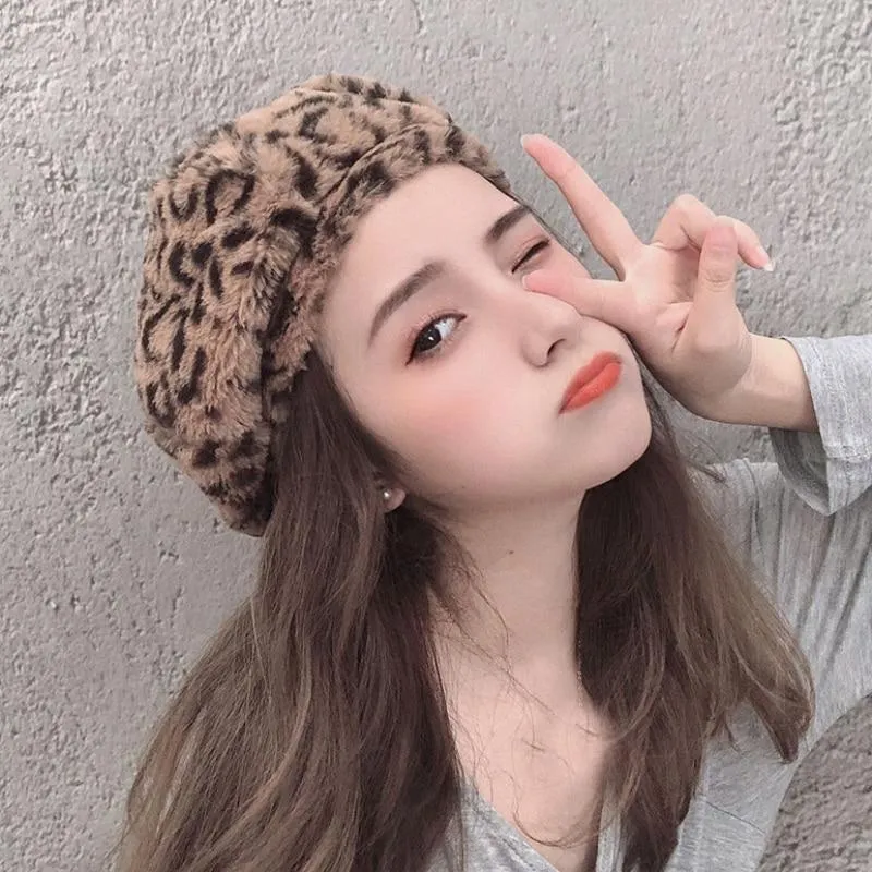 Women Autumn Winter Leopard Soft Fleece Octagonal Beret Hats