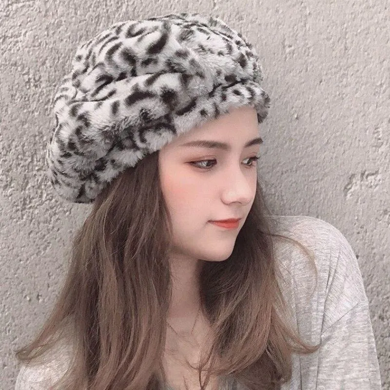 Women Autumn Winter Leopard Soft Fleece Octagonal Beret Hats