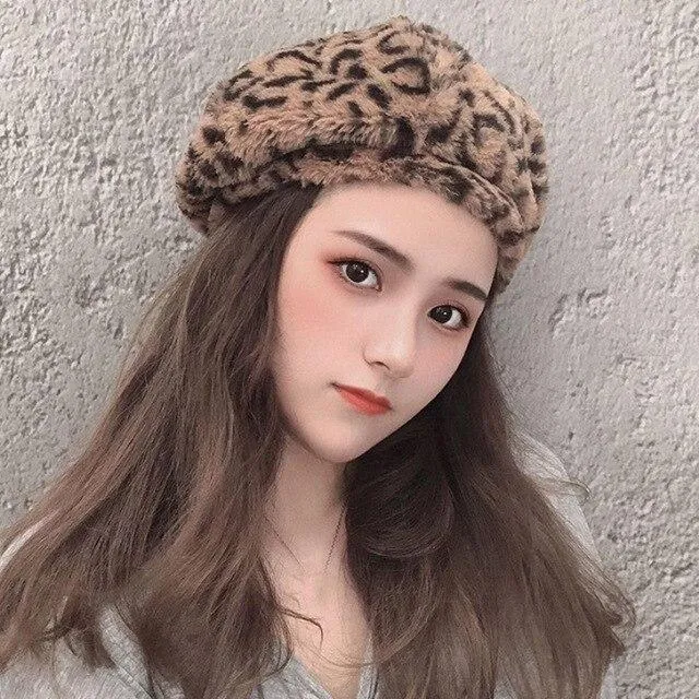 Women Autumn Winter Leopard Soft Fleece Octagonal Beret Hats