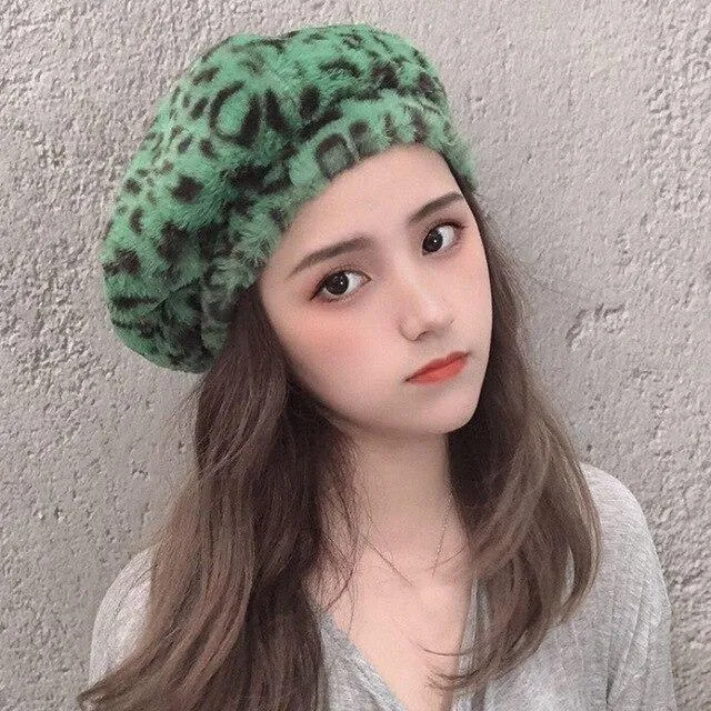 Women Autumn Winter Leopard Soft Fleece Octagonal Beret Hats