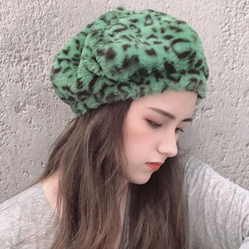 Women Autumn Winter Leopard Soft Fleece Octagonal Beret Hats