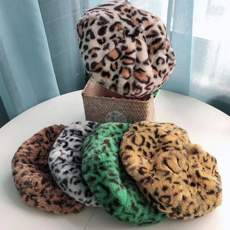 Women Autumn Winter Leopard Soft Fleece Octagonal Beret Hats