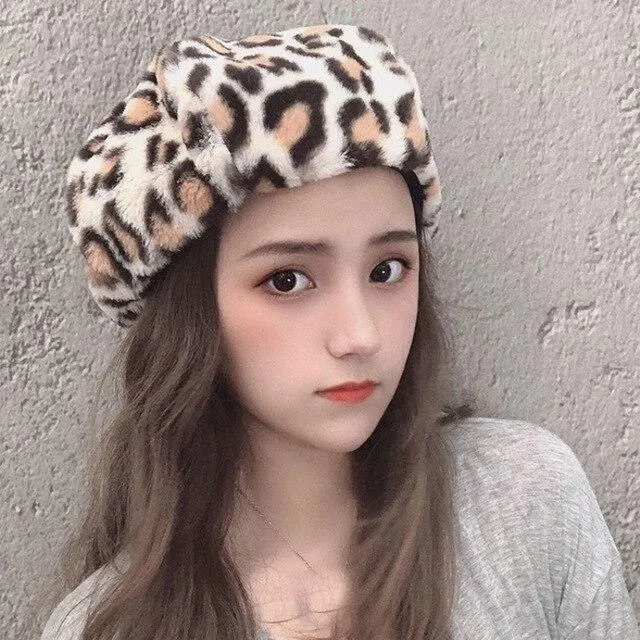 Women Autumn Winter Leopard Soft Fleece Octagonal Beret Hats