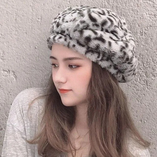 Women Autumn Winter Leopard Soft Fleece Octagonal Beret Hats