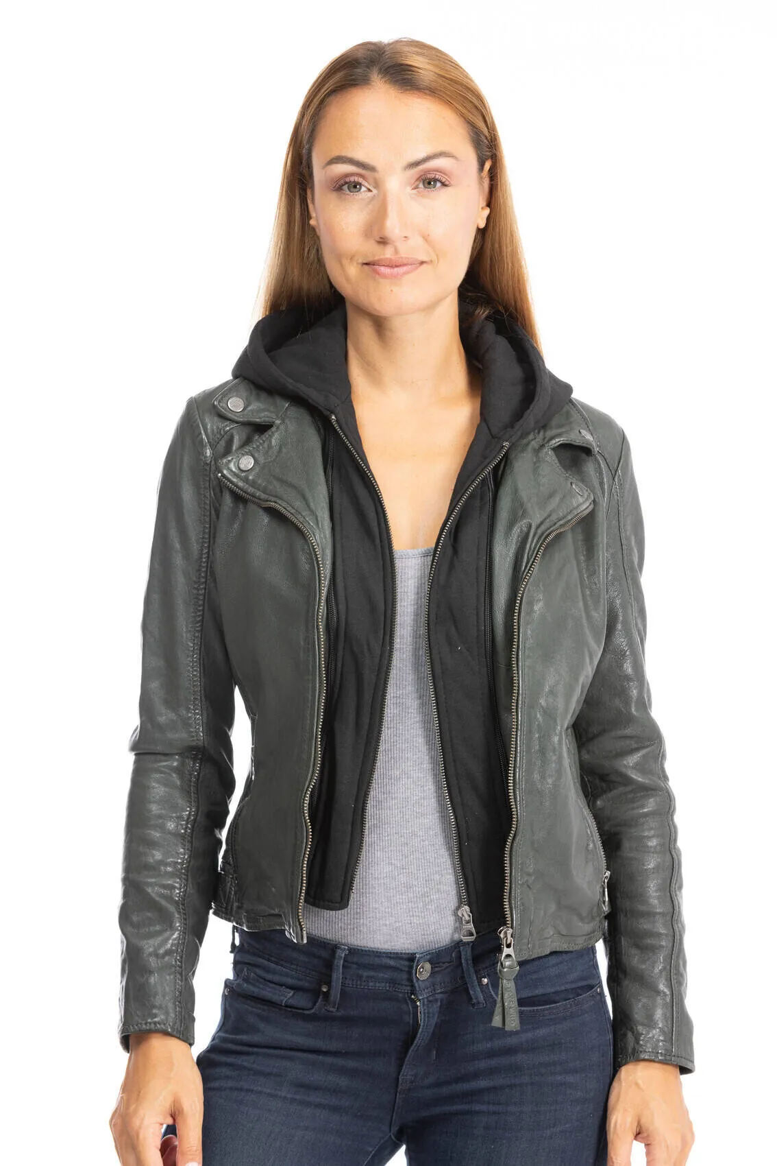 Women's dark olive leather biker style jacket with hood 1101-0483