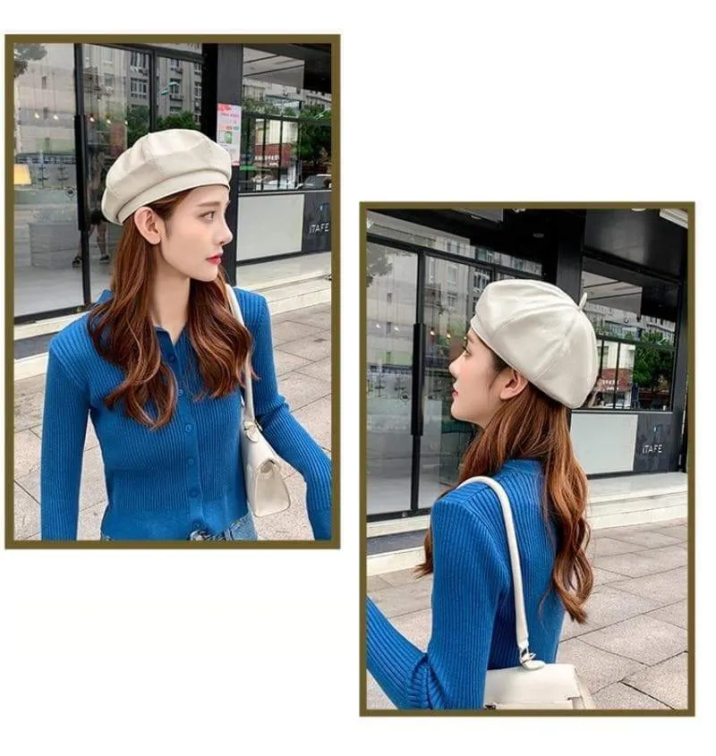 Women's Spring Autumn Vintage Synthetic Leather Solid Black Beret Hats