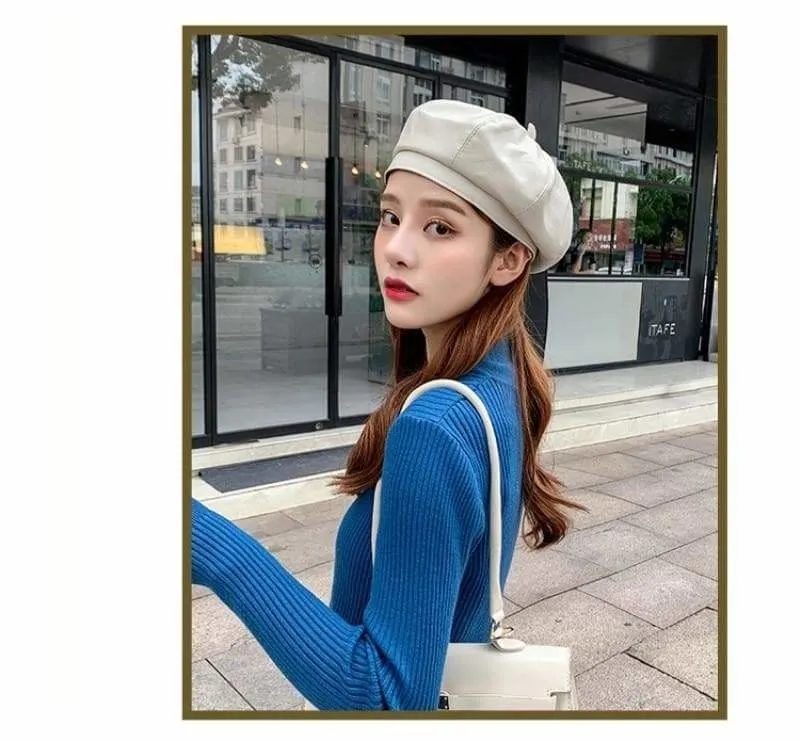 Women's Spring Autumn Vintage Synthetic Leather Solid Black Beret Hats