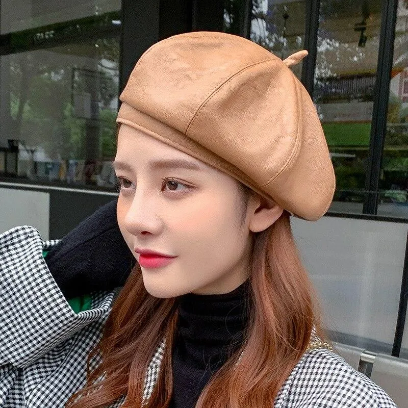 Women's Spring Autumn Vintage Synthetic Leather Solid Black Beret Hats