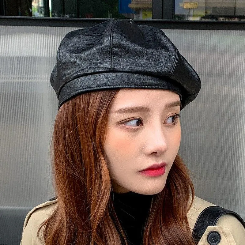 Women's Spring Autumn Vintage Synthetic Leather Solid Black Beret Hats