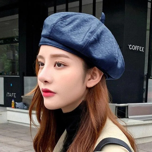 Women's Spring Autumn Vintage Synthetic Leather Solid Black Beret Hats