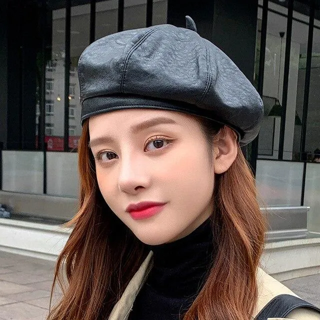 Women's Spring Autumn Vintage Synthetic Leather Solid Black Beret Hats