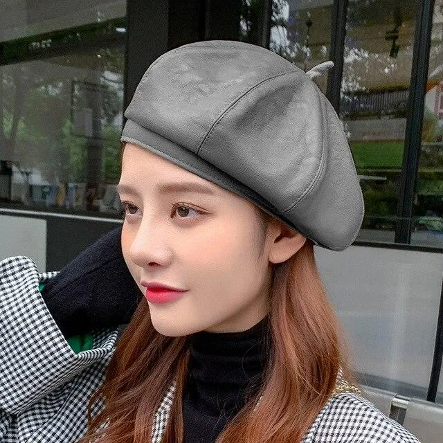 Women's Spring Autumn Vintage Synthetic Leather Solid Black Beret Hats