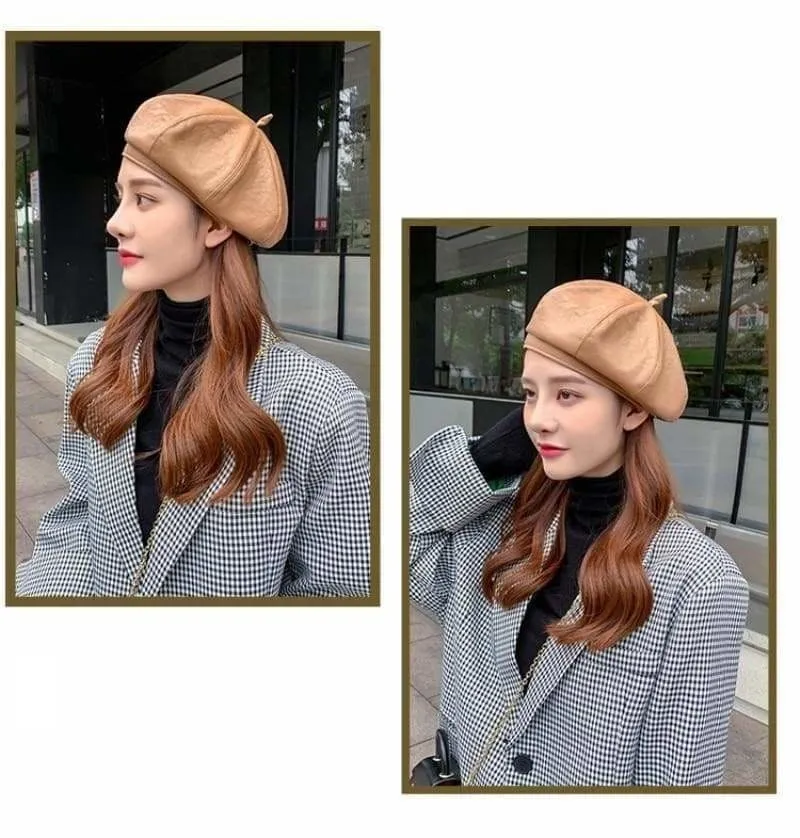 Women's Spring Autumn Vintage Synthetic Leather Solid Black Beret Hats