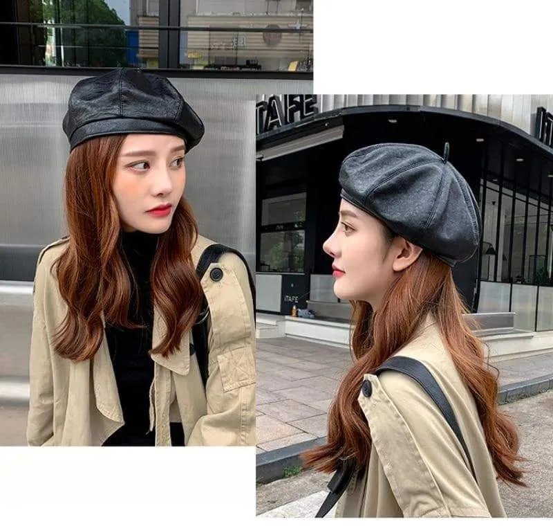 Women's Spring Autumn Vintage Synthetic Leather Solid Black Beret Hats