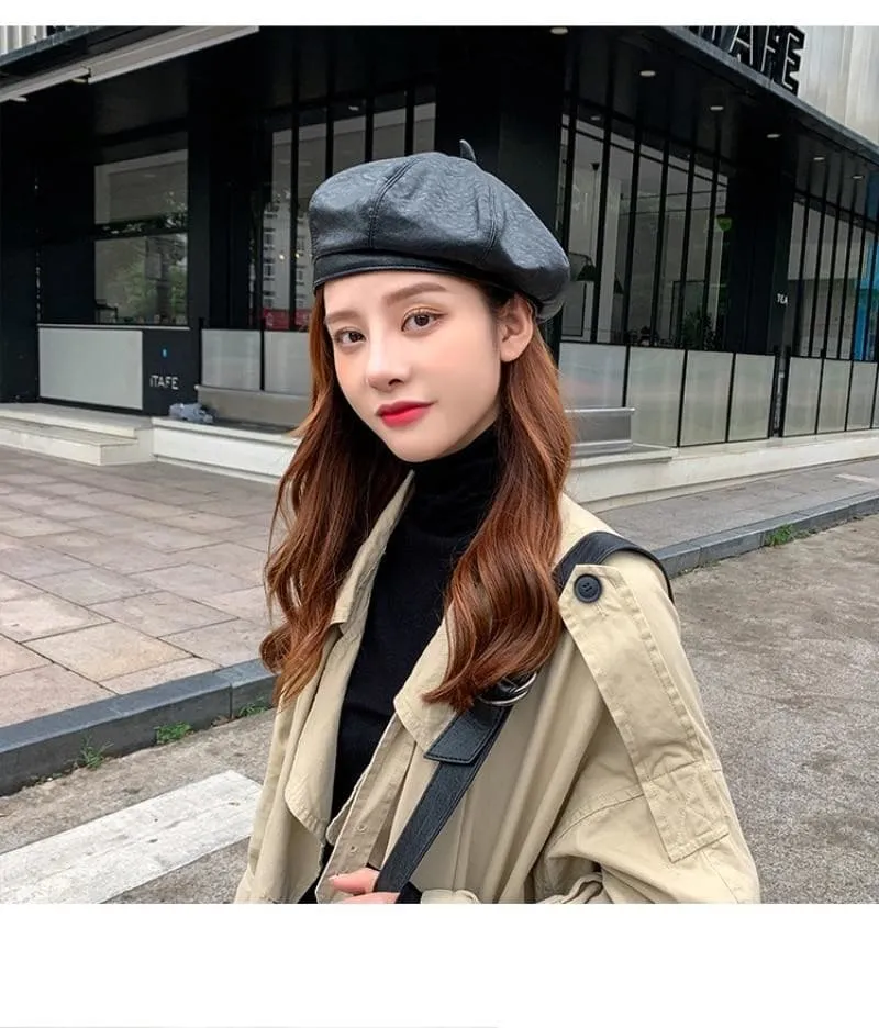 Women's Spring Autumn Vintage Synthetic Leather Solid Black Beret Hats