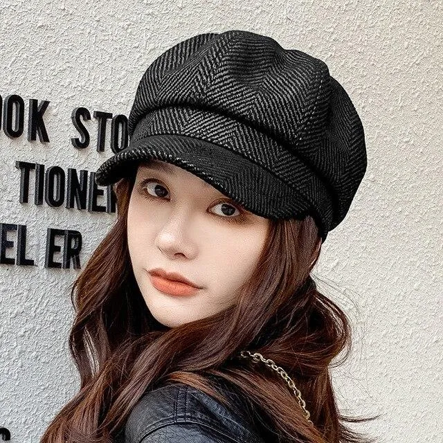 Women's Striped Vintage Autumn Fashion Octagonal Beret Cap