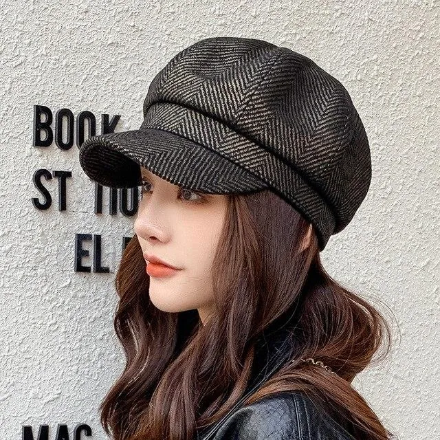 Women's Striped Vintage Autumn Fashion Octagonal Beret Cap